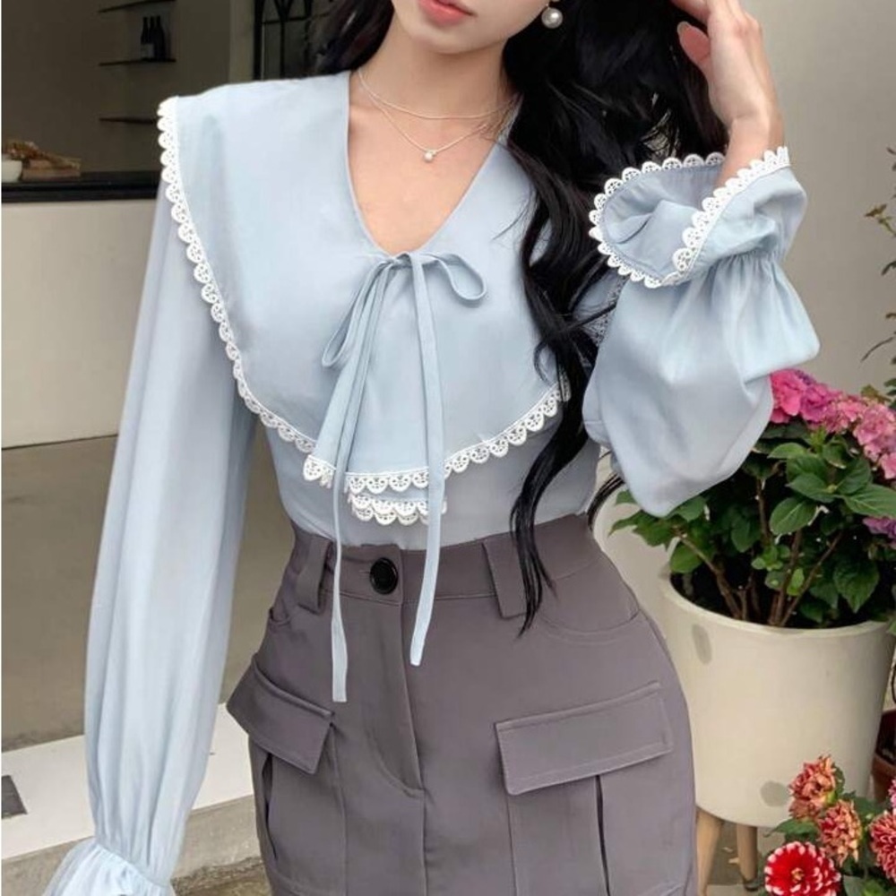 New Lace Trimmed Ruffle Sleeve Shirt Blouse - Picture 9 of 13
